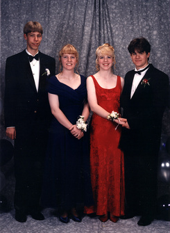 1996: Wayland Academy Prom - I never get dressed up all fancy-like, so this is a rarity in my photo collection here. (L-R: Jon, me, Kristen, Jeremy)